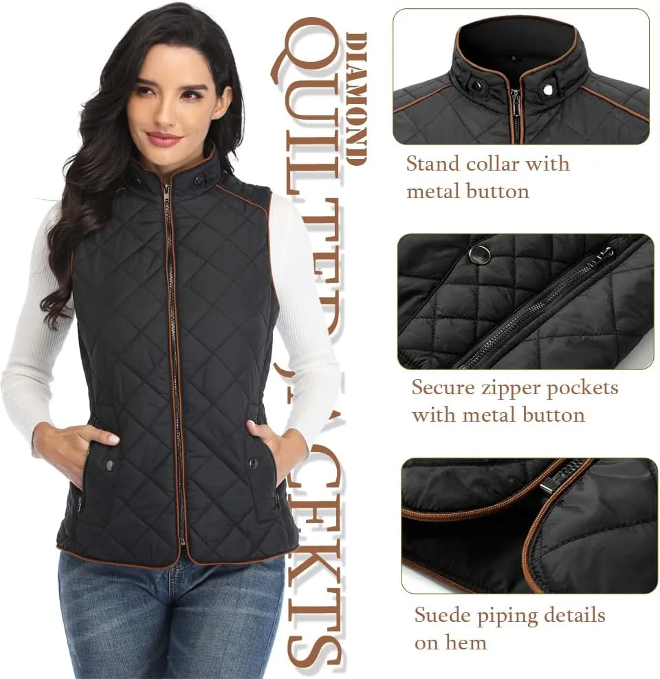 Dilgul Women Padded Vest Stand Collar Zip Up Trendy Puffer Lightweight Quilted Vest