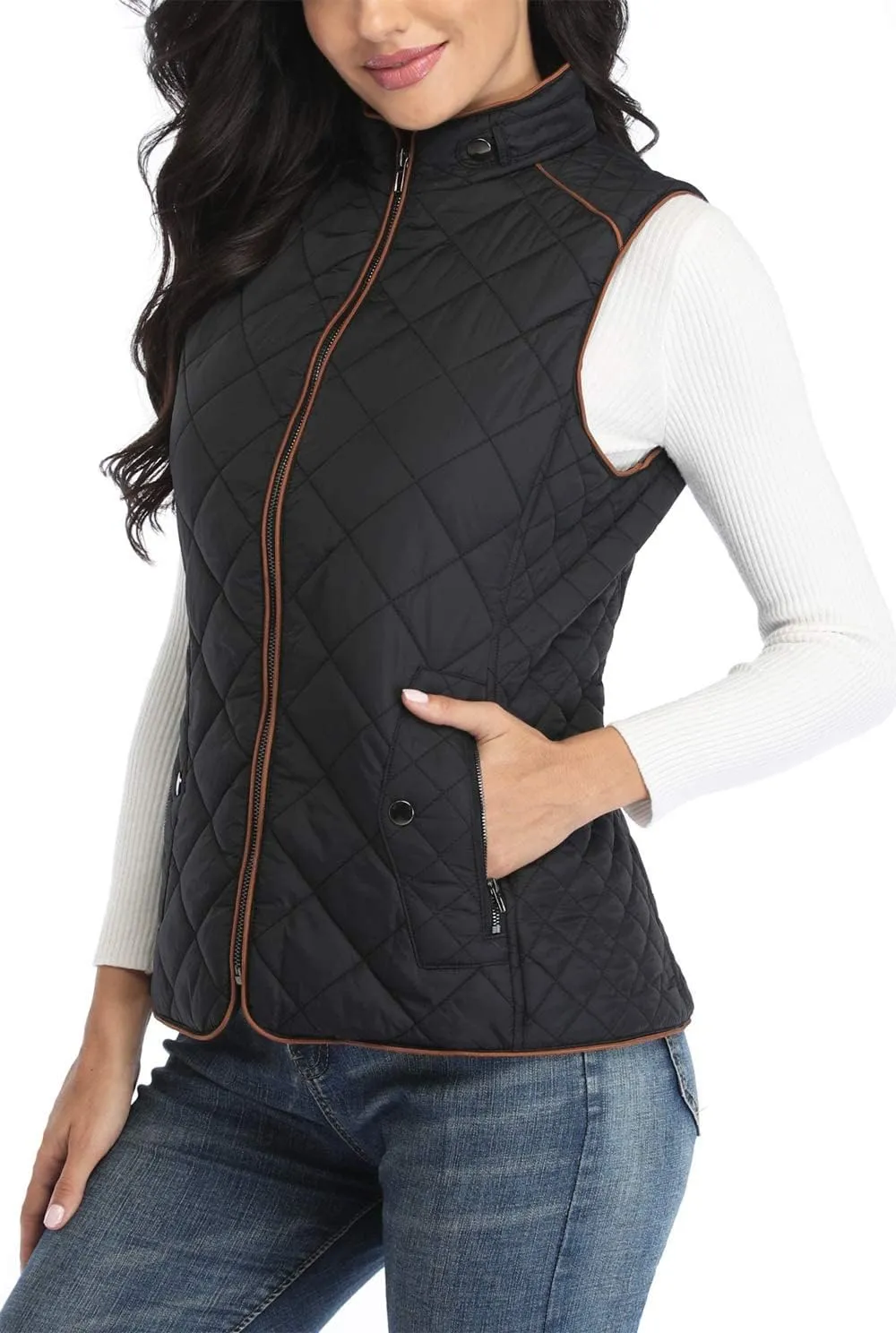 Dilgul Women Padded Vest Stand Collar Zip Up Trendy Puffer Lightweight Quilted Vest