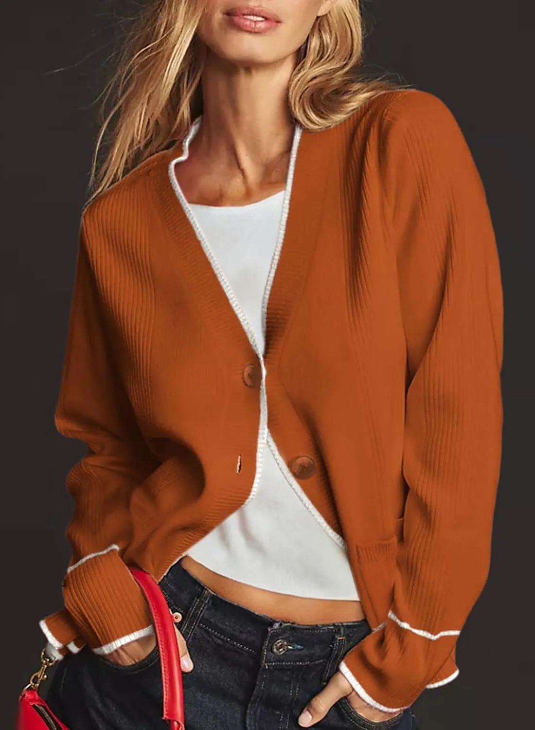 Dokotoo Short Cardigans for Women Color Blocked 2024 Fall Fashion Button Down Sweaters Winter Coats with Pockets