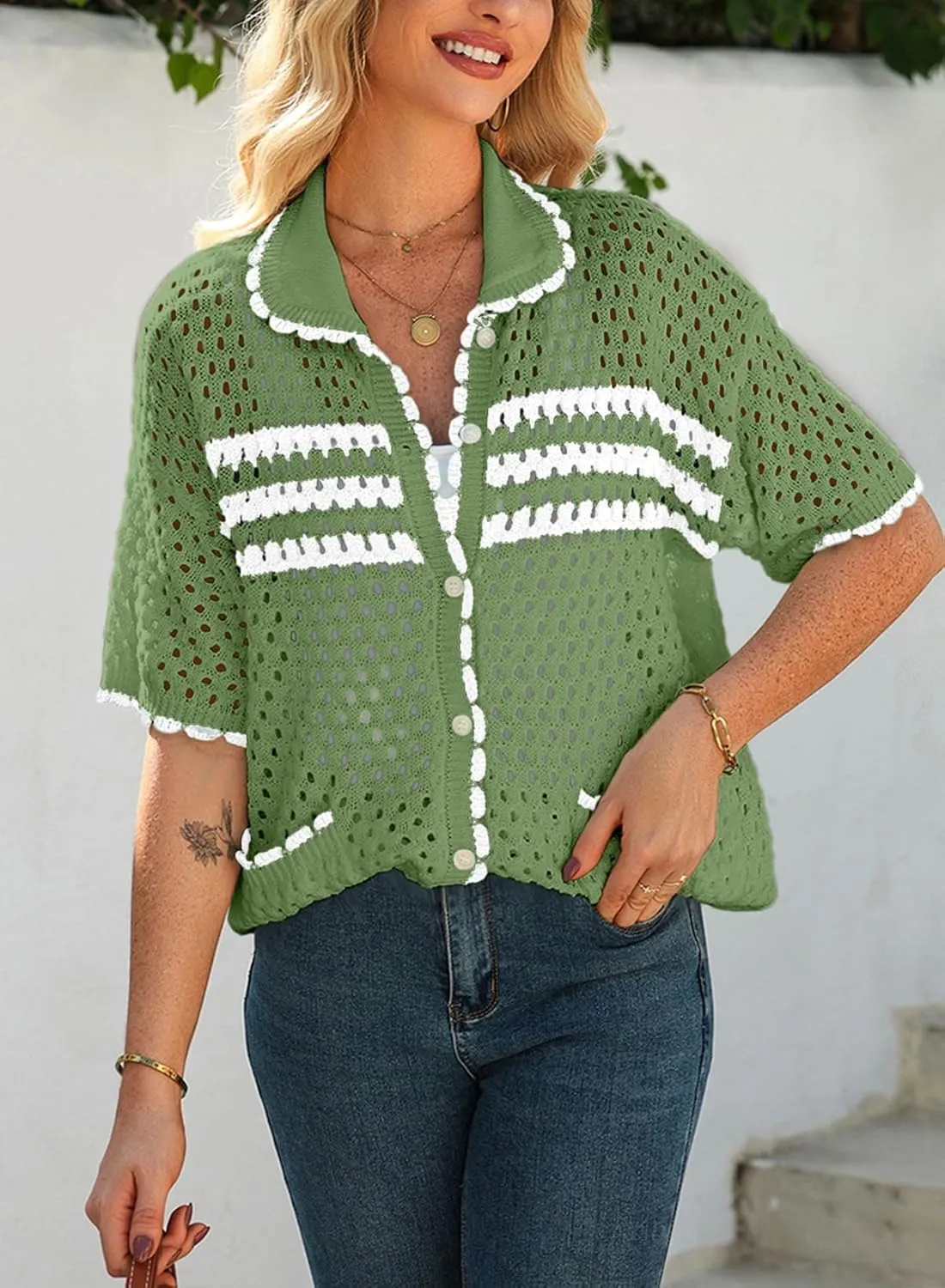 Dokotoo Womens Summer Cardigans Short Sleeve Crochet Cardigan Sweaters Collar Neck Color Block Vacation Outfits
