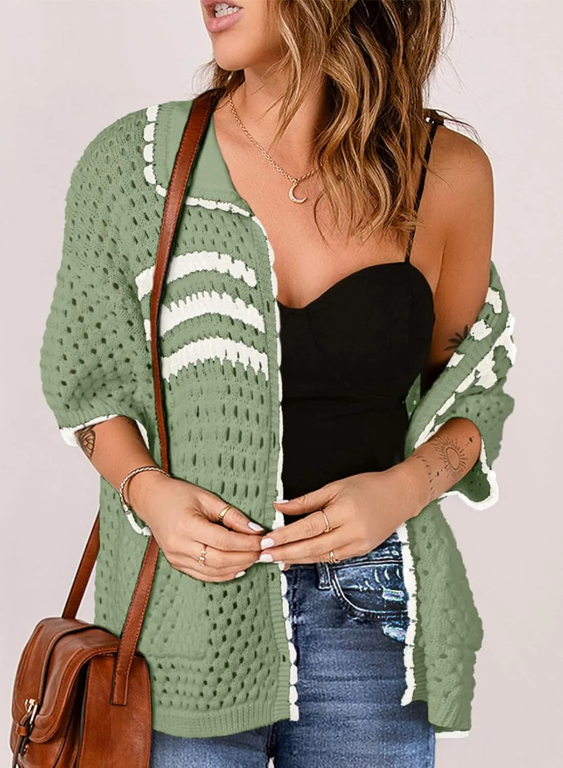 Dokotoo Womens Summer Cardigans Short Sleeve Crochet Cardigan Sweaters Collar Neck Color Block Vacation Outfits