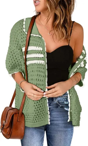 Dokotoo Womens Summer Cardigans Short Sleeve Crochet Cardigan Sweaters Collar Neck Color Block Vacation Outfits