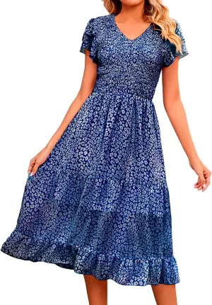 Dresses for Women 2024 Long Sleeve Casual Elegant V Neck Dress Floral Printing Short Sleeve A Womens Sundresses