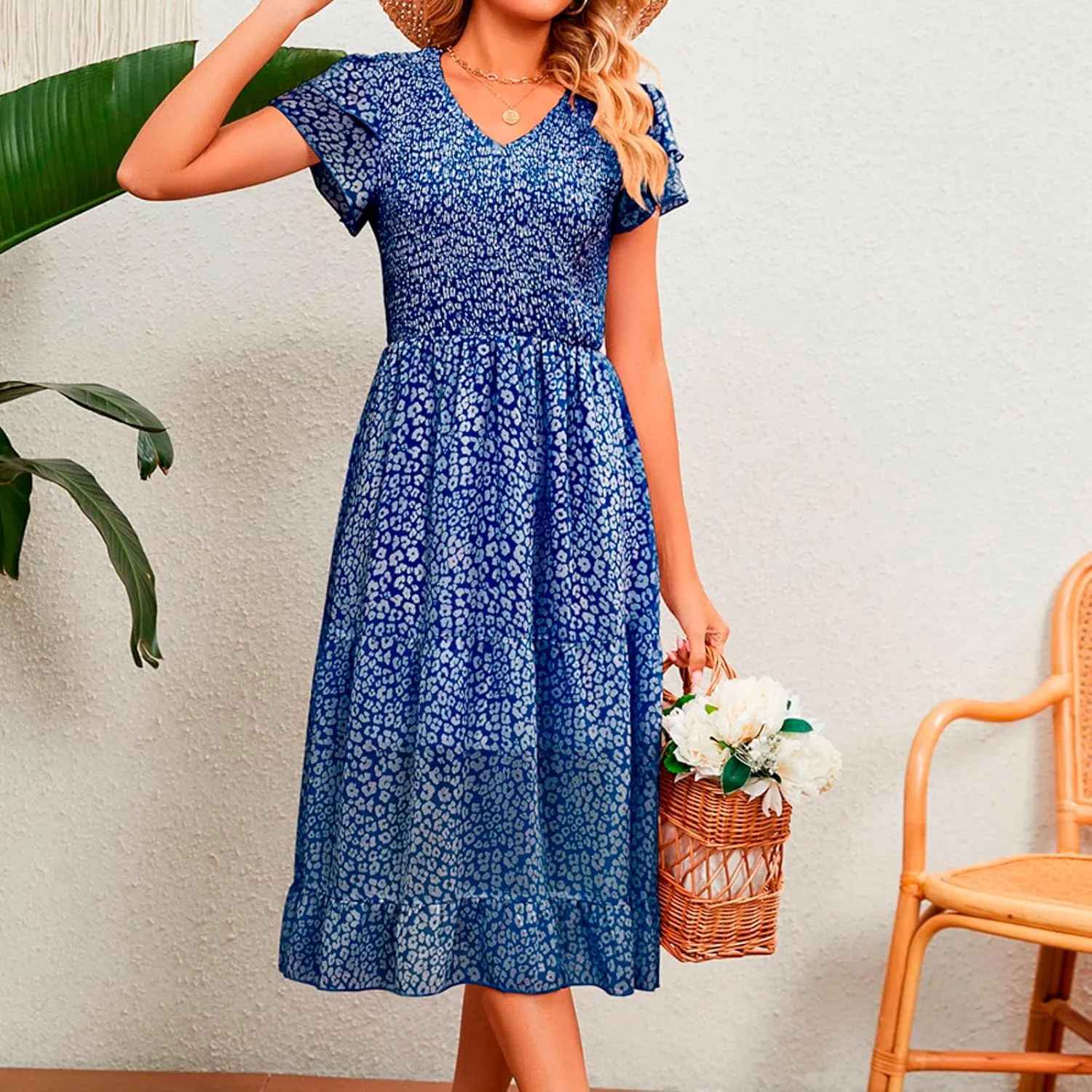 Dresses for Women 2024 Long Sleeve Casual Elegant V Neck Dress Floral Printing Short Sleeve A Womens Sundresses