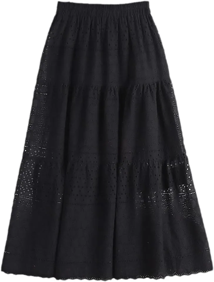 Elegant Crochet Lace Long Skirt for Women Spring Summer Casual Solid Hollow Out A Line High Waist Midi Skirt