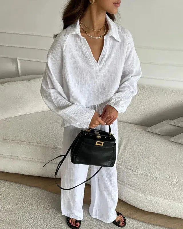 elveswallet Long Sleeve Lapel Top Drawstring Pants Two-Piece Set