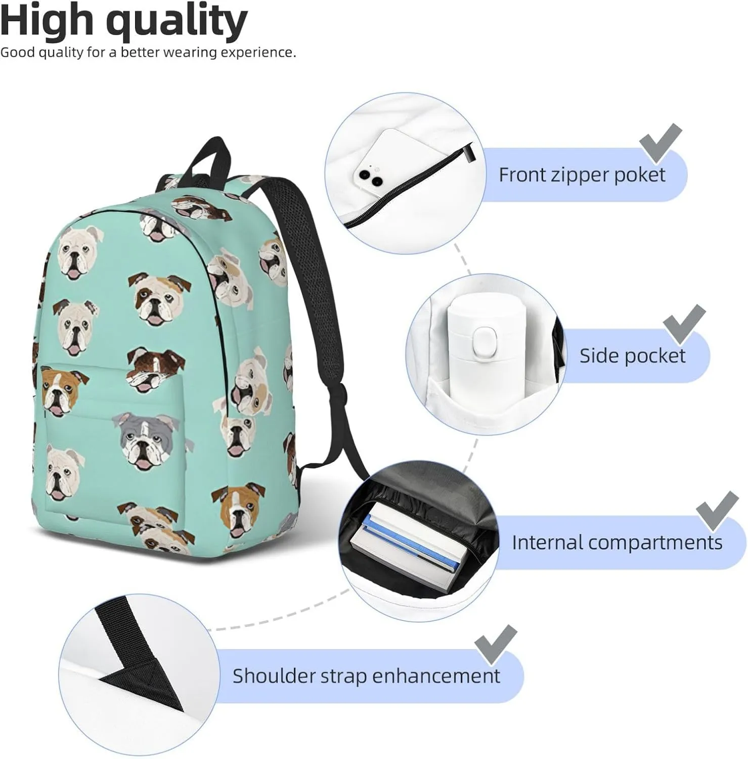 English Bulldog Faces Print Versatile Backpack Travel Backpack, Laptop Holder - Casual Daypack 15 In Laptops