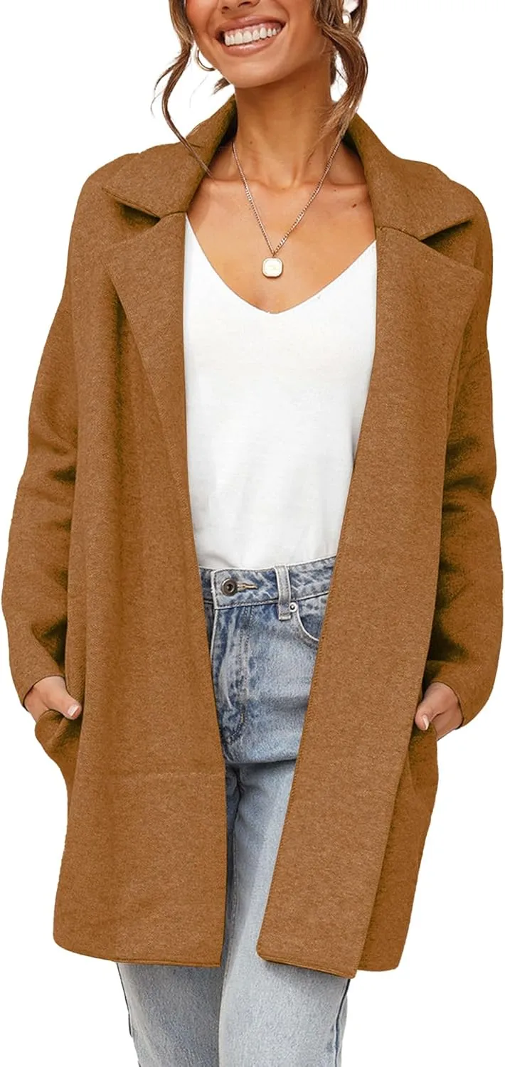 Famulily Cozy Coatigan for Women Casual Lapel Long Sleeve Midi Long Blazer Coat with Pockets