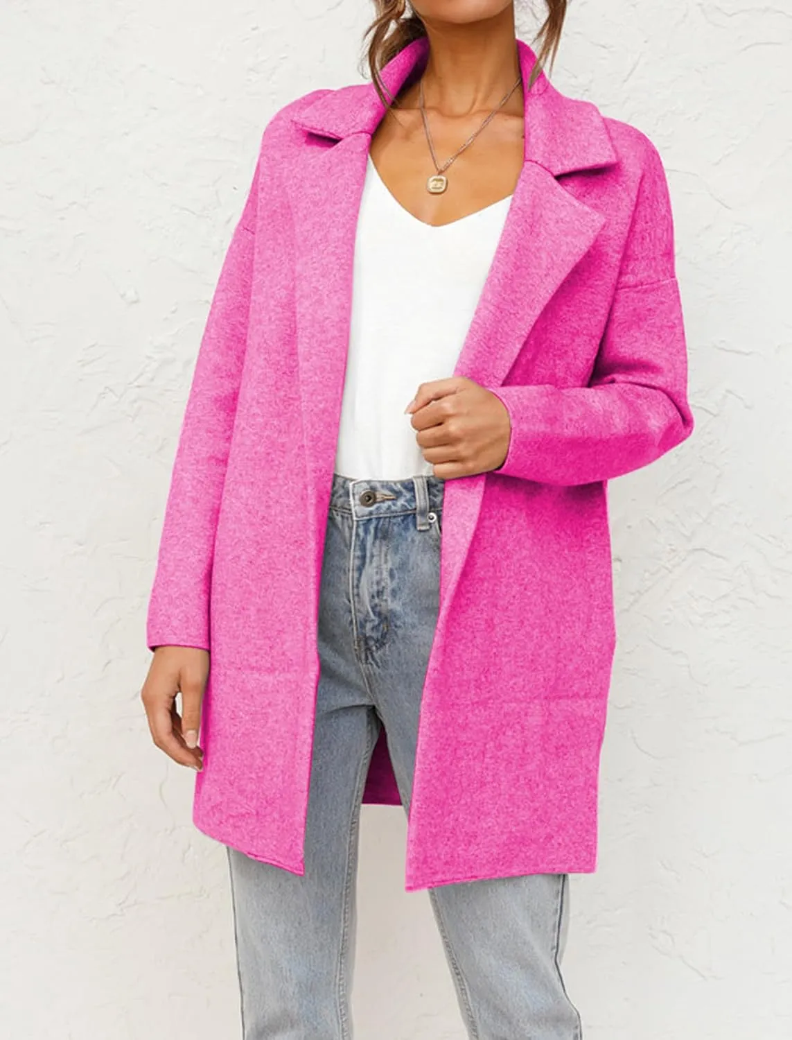 Famulily Cozy Coatigan for Women Casual Lapel Long Sleeve Midi Long Blazer Coat with Pockets