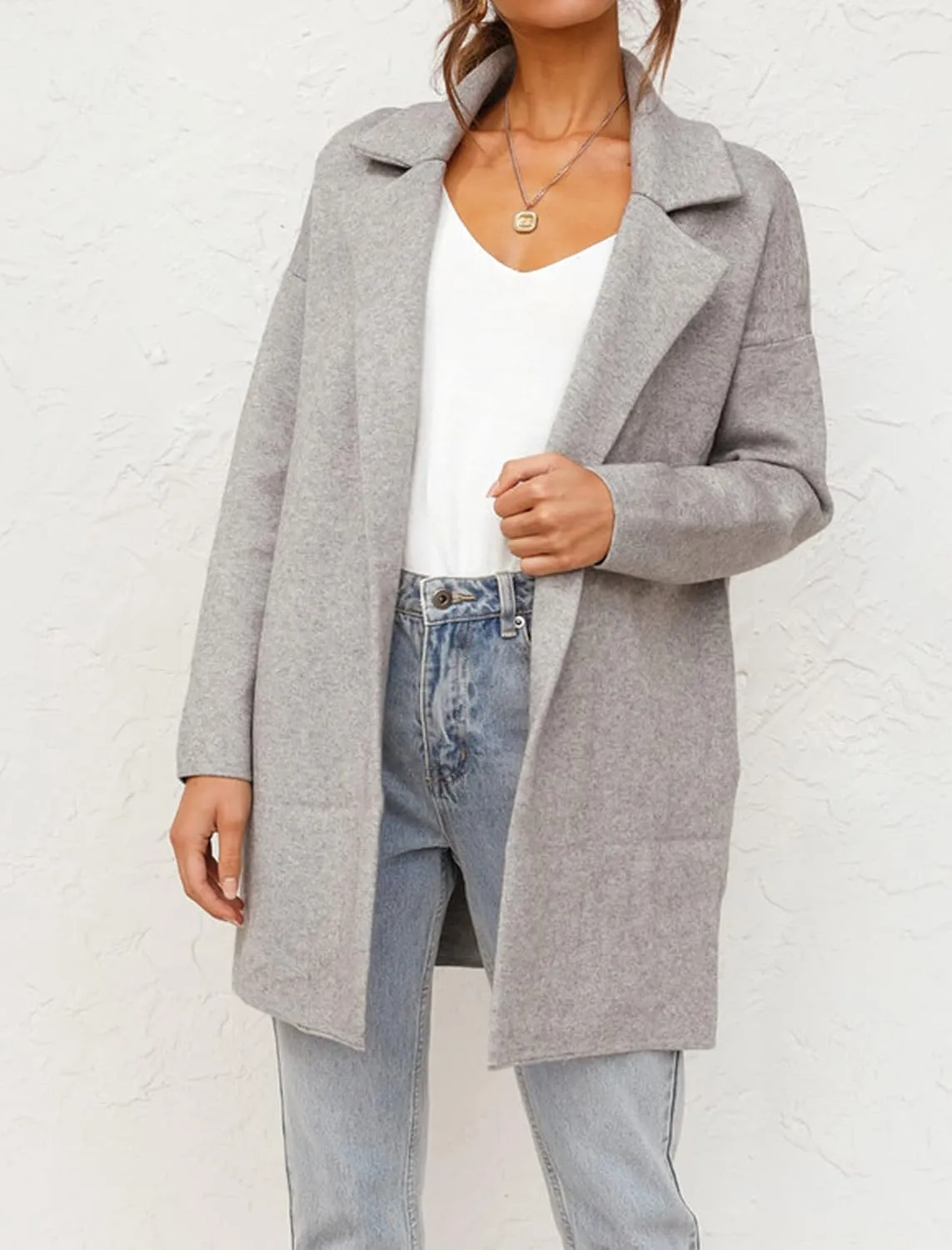 Famulily Cozy Coatigan for Women Casual Lapel Long Sleeve Midi Long Blazer Coat with Pockets