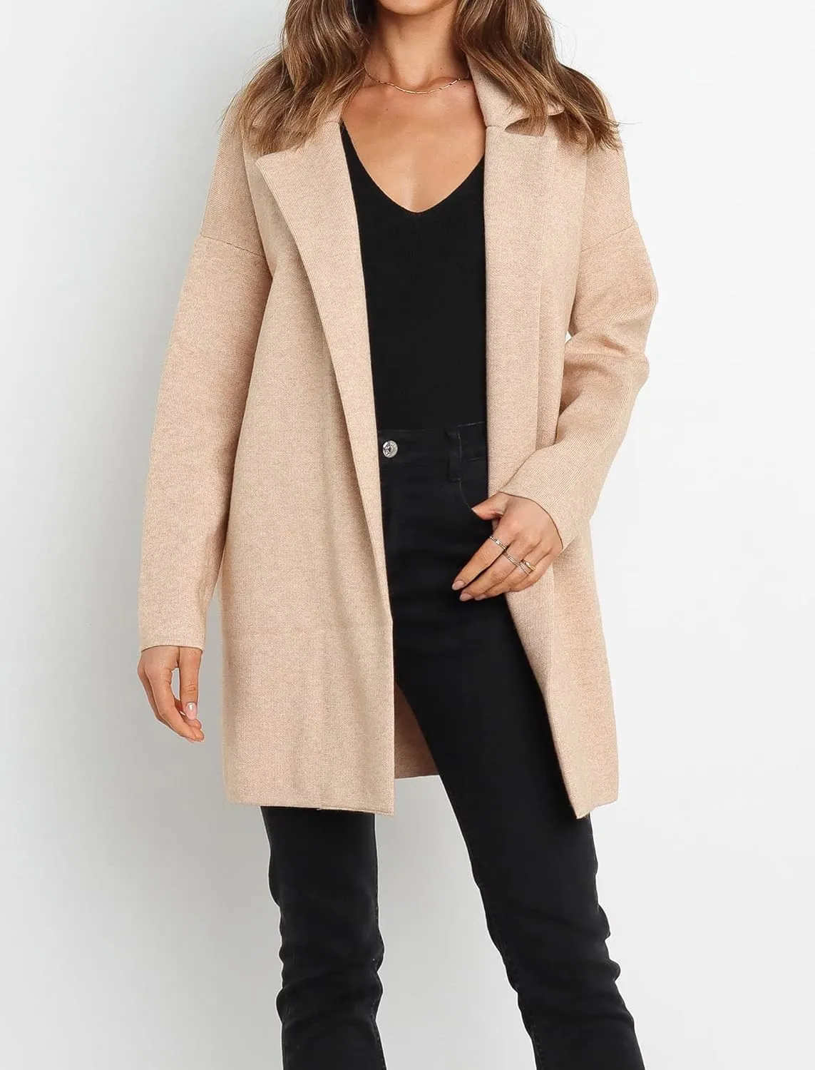Famulily Cozy Coatigan for Women Casual Lapel Long Sleeve Midi Long Blazer Coat with Pockets