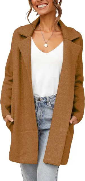 Famulily Cozy Coatigan for Women Casual Lapel Long Sleeve Midi Long Blazer Coat with Pockets
