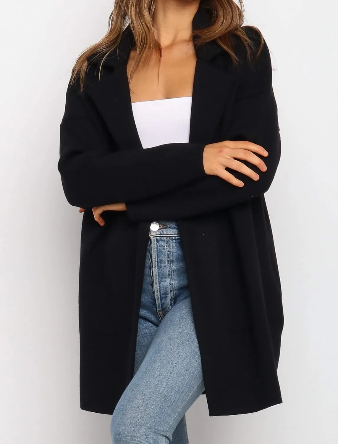 Famulily Cozy Coatigan for Women Casual Lapel Long Sleeve Midi Long Blazer Coat with Pockets
