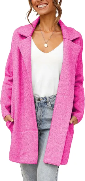 Famulily Cozy Coatigan for Women Casual Lapel Long Sleeve Midi Long Blazer Coat with Pockets