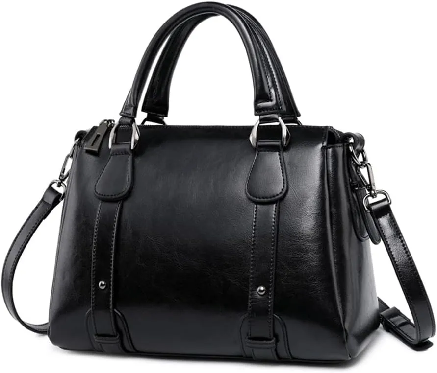 Fashionable Leather Satchel Handbag for Women - Versatile Top Handle Purse & Crossbody Bag with Zipper (Black)
