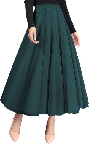 FEOYA Women Tutu Tulle Skirt A-Line Fairy Pleated Elastic Waist Maxi Midi Tea Length Party Evening Summer Casual Skirt