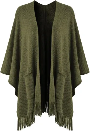 Ferand Women's Shawl Wraps with Pockets Open Front Fringe Poncho Cozy Knit Lightweight Cardigan Sweater