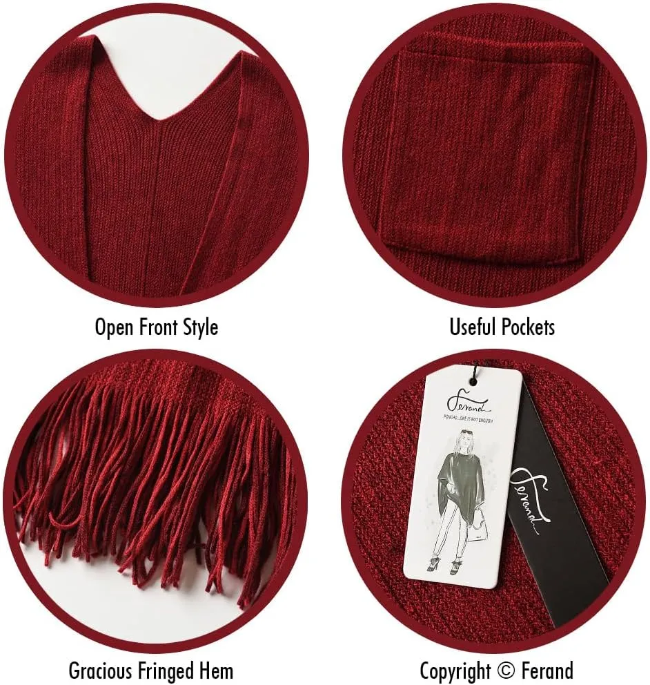 Ferand Women's Shawl Wraps with Pockets Open Front Fringe Poncho Cozy Knit Lightweight Cardigan Sweater