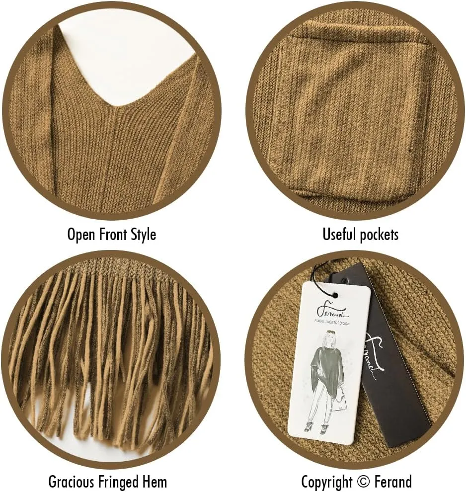 Ferand Women's Shawl Wraps with Pockets Open Front Fringe Poncho Cozy Knit Lightweight Cardigan Sweater