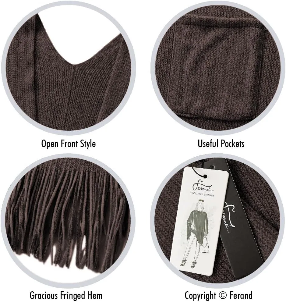 Ferand Women's Shawl Wraps with Pockets Open Front Fringe Poncho Cozy Knit Lightweight Cardigan Sweater