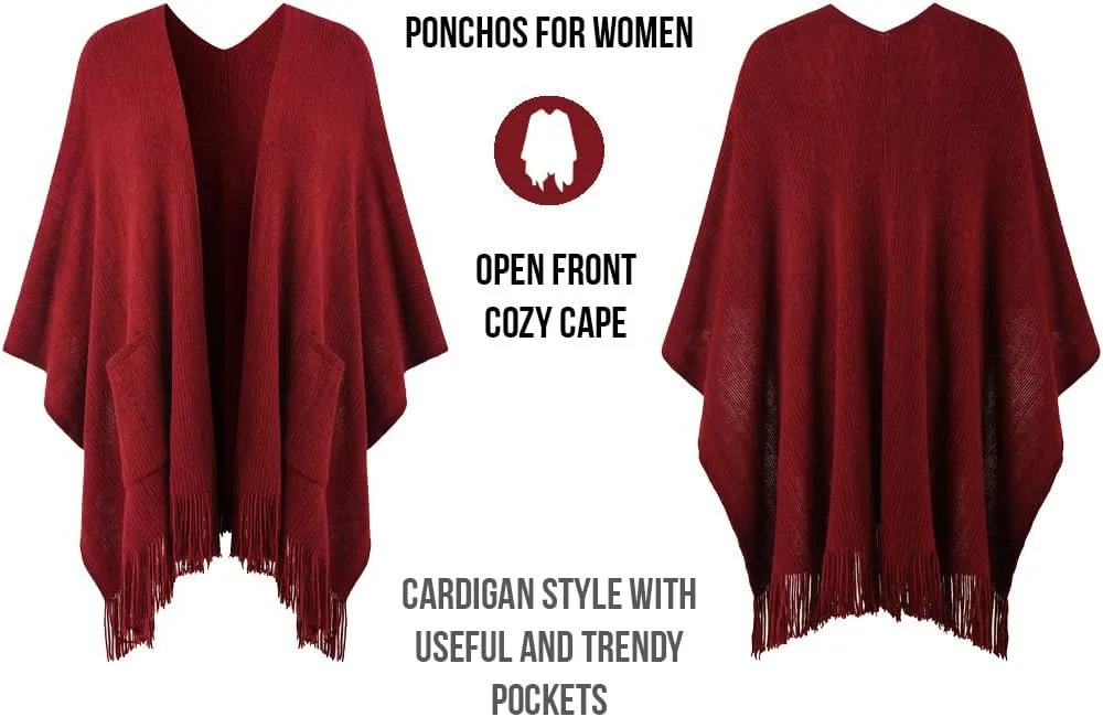 Ferand Women's Shawl Wraps with Pockets Open Front Fringe Poncho Cozy Knit Lightweight Cardigan Sweater