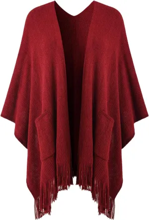 Ferand Women's Shawl Wraps with Pockets Open Front Fringe Poncho Cozy Knit Lightweight Cardigan Sweater