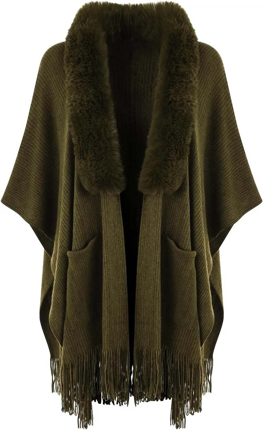 Ferand Women's Shawl Wraps with Pockets Open Front Fringe Poncho Cozy Knit Lightweight Cardigan Sweater