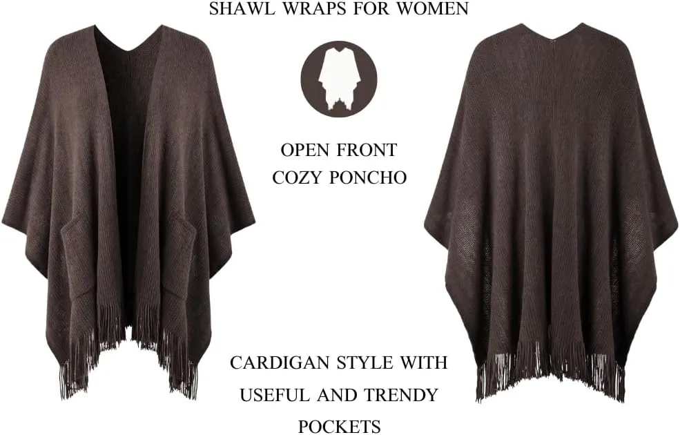 Ferand Women's Shawl Wraps with Pockets Open Front Fringe Poncho Cozy Knit Lightweight Cardigan Sweater