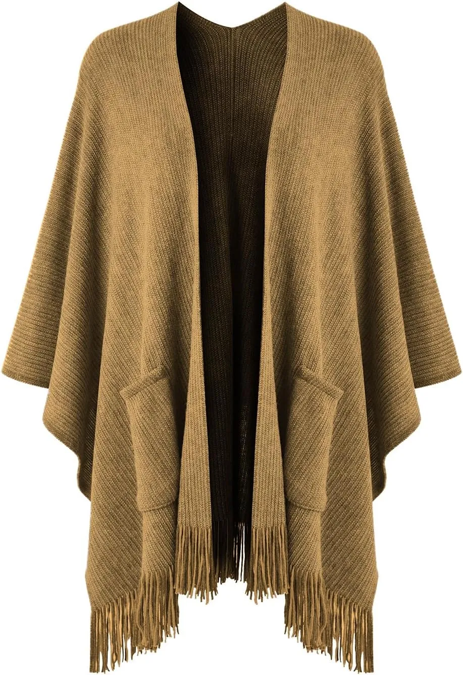 Ferand Women's Shawl Wraps with Pockets Open Front Fringe Poncho Cozy Knit Lightweight Cardigan Sweater