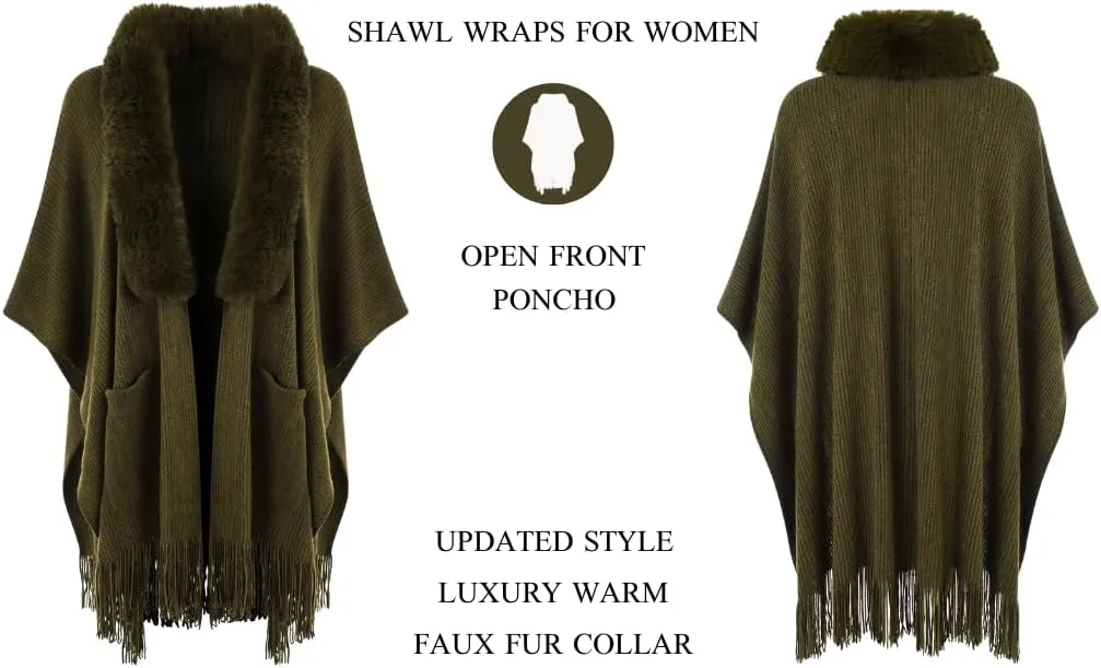 Ferand Women's Shawl Wraps with Pockets Open Front Fringe Poncho Cozy Knit Lightweight Cardigan Sweater
