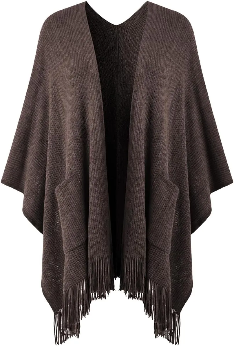 Ferand Women's Shawl Wraps with Pockets Open Front Fringe Poncho Cozy Knit Lightweight Cardigan Sweater