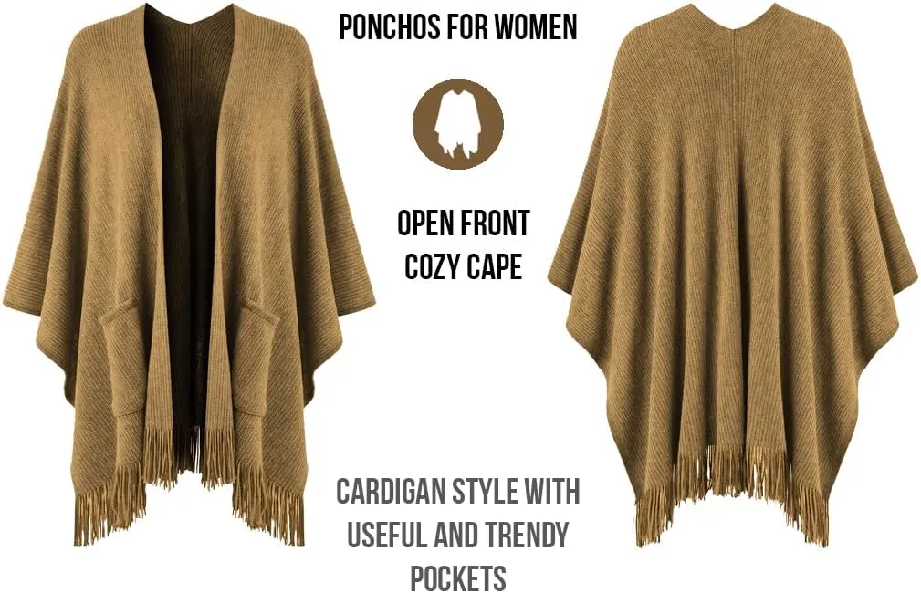Ferand Women's Shawl Wraps with Pockets Open Front Fringe Poncho Cozy Knit Lightweight Cardigan Sweater