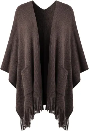 Ferand Women's Shawl Wraps with Pockets Open Front Fringe Poncho Cozy Knit Lightweight Cardigan Sweater