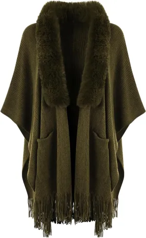 Ferand Women's Shawl Wraps with Pockets Open Front Fringe Poncho Cozy Knit Lightweight Cardigan Sweater