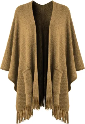 Ferand Women's Shawl Wraps with Pockets Open Front Fringe Poncho Cozy Knit Lightweight Cardigan Sweater