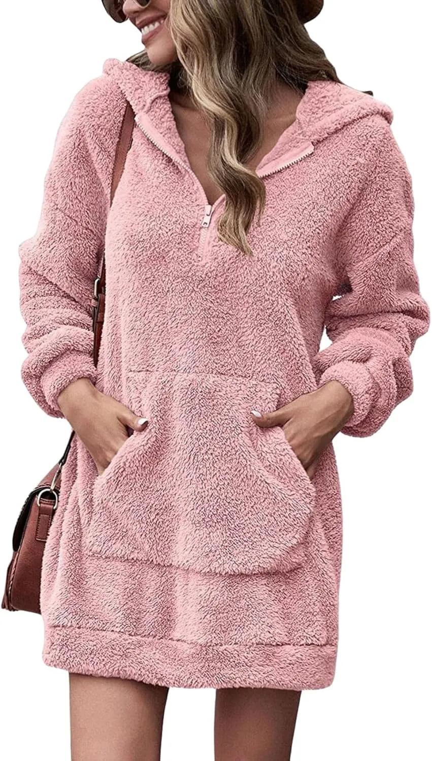 Fleece Hoodie Women Quarter Zip Pullover Hoodie Dress Soft Cozy Hooded Sweatshirt Dress Oversized Fuzzy Hoodies