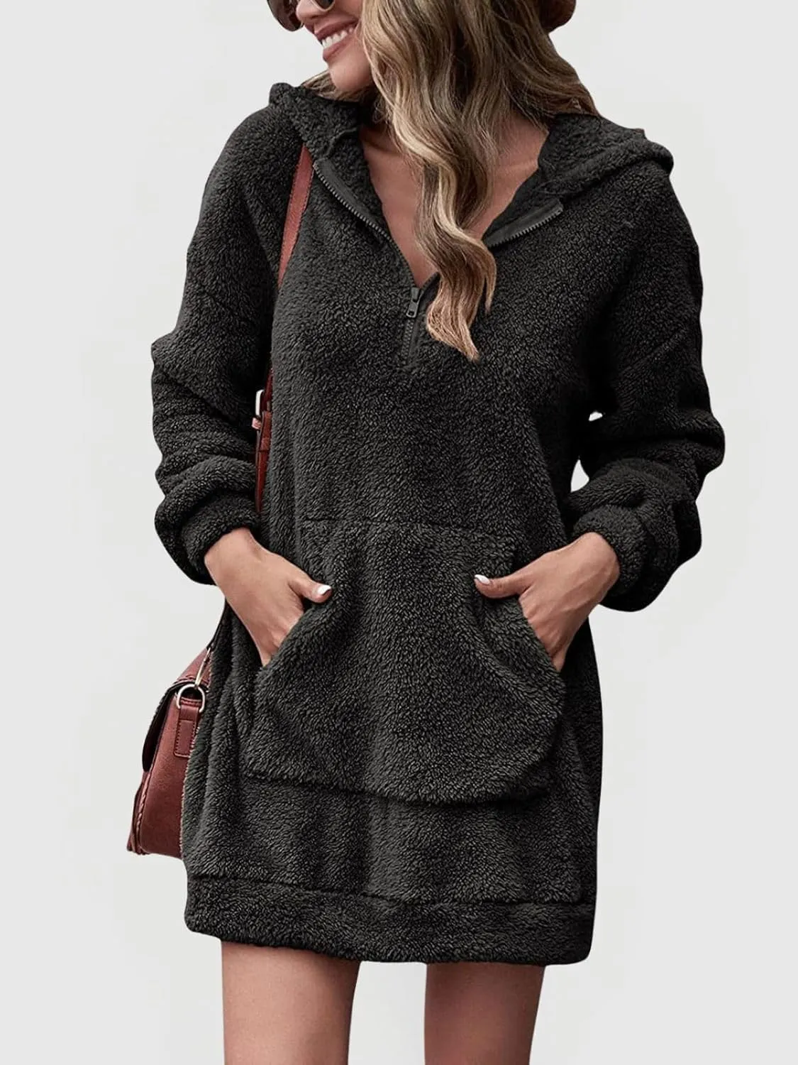Fleece Hoodie Women Quarter Zip Pullover Hoodie Dress Soft Cozy Hooded Sweatshirt Dress Oversized Fuzzy Hoodies