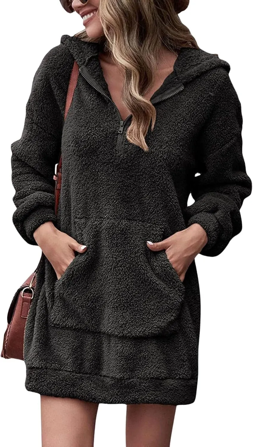 Fleece Hoodie Women Quarter Zip Pullover Hoodie Dress Soft Cozy Hooded Sweatshirt Dress Oversized Fuzzy Hoodies