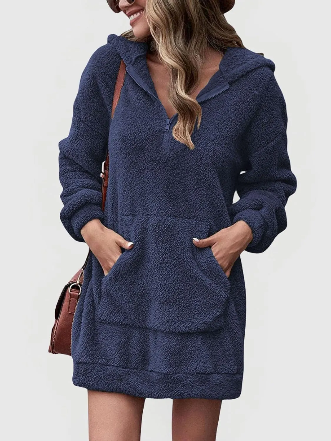 Fleece Hoodie Women Quarter Zip Pullover Hoodie Dress Soft Cozy Hooded Sweatshirt Dress Oversized Fuzzy Hoodies