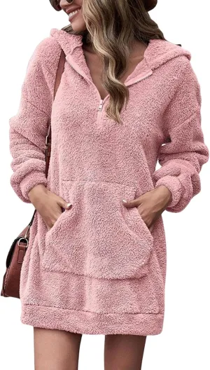 Fleece Hoodie Women Quarter Zip Pullover Hoodie Dress Soft Cozy Hooded Sweatshirt Dress Oversized Fuzzy Hoodies