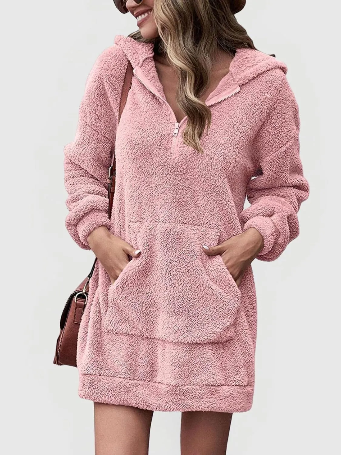 Fleece Hoodie Women Quarter Zip Pullover Hoodie Dress Soft Cozy Hooded Sweatshirt Dress Oversized Fuzzy Hoodies