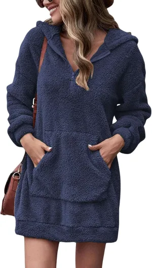 Fleece Hoodie Women Quarter Zip Pullover Hoodie Dress Soft Cozy Hooded Sweatshirt Dress Oversized Fuzzy Hoodies