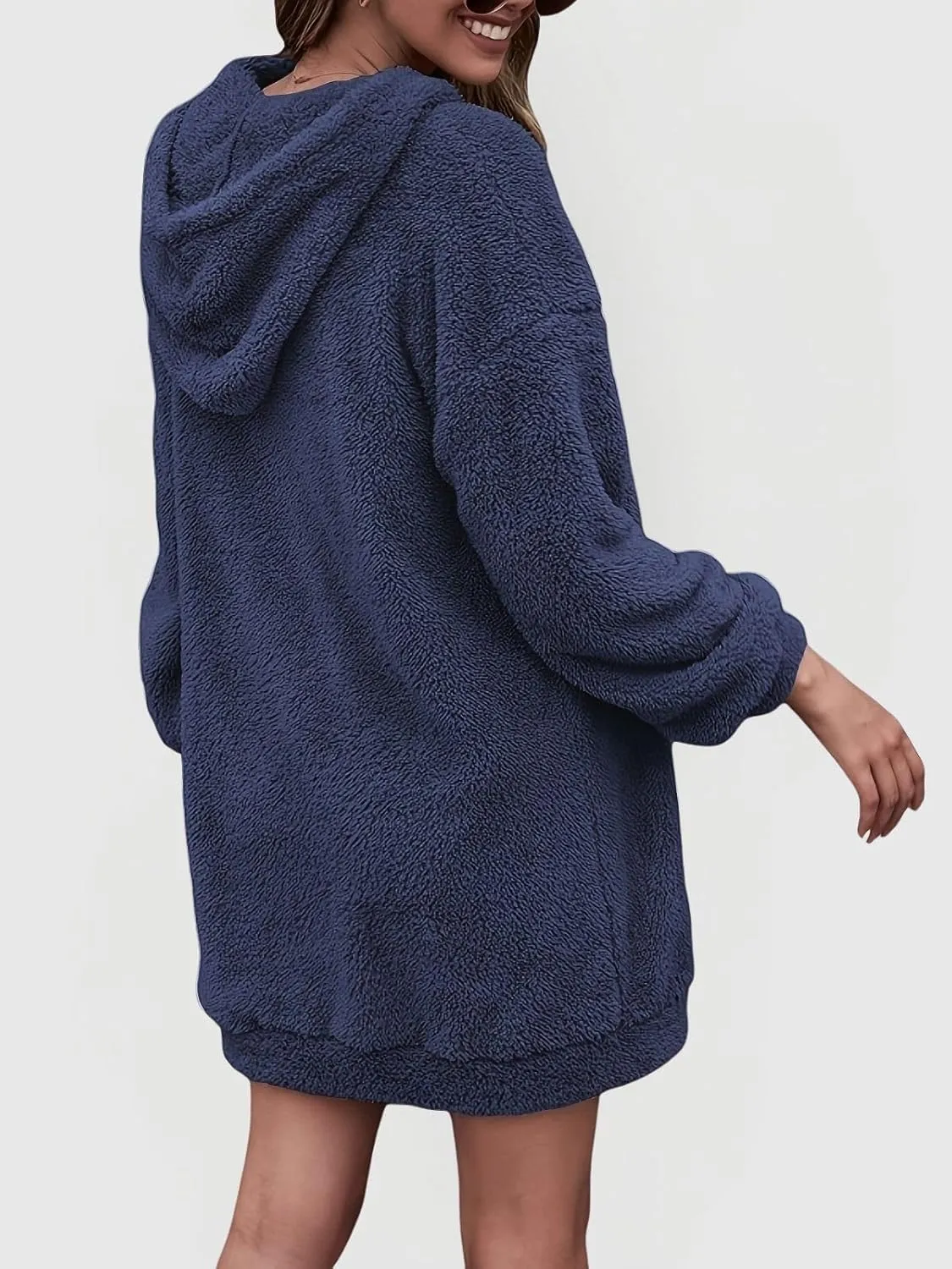 Fleece Hoodie Women Quarter Zip Pullover Hoodie Dress Soft Cozy Hooded Sweatshirt Dress Oversized Fuzzy Hoodies