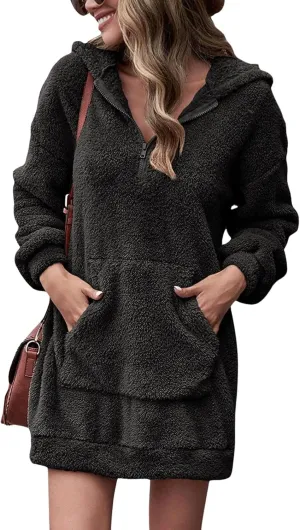Fleece Hoodie Women Quarter Zip Pullover Hoodie Dress Soft Cozy Hooded Sweatshirt Dress Oversized Fuzzy Hoodies