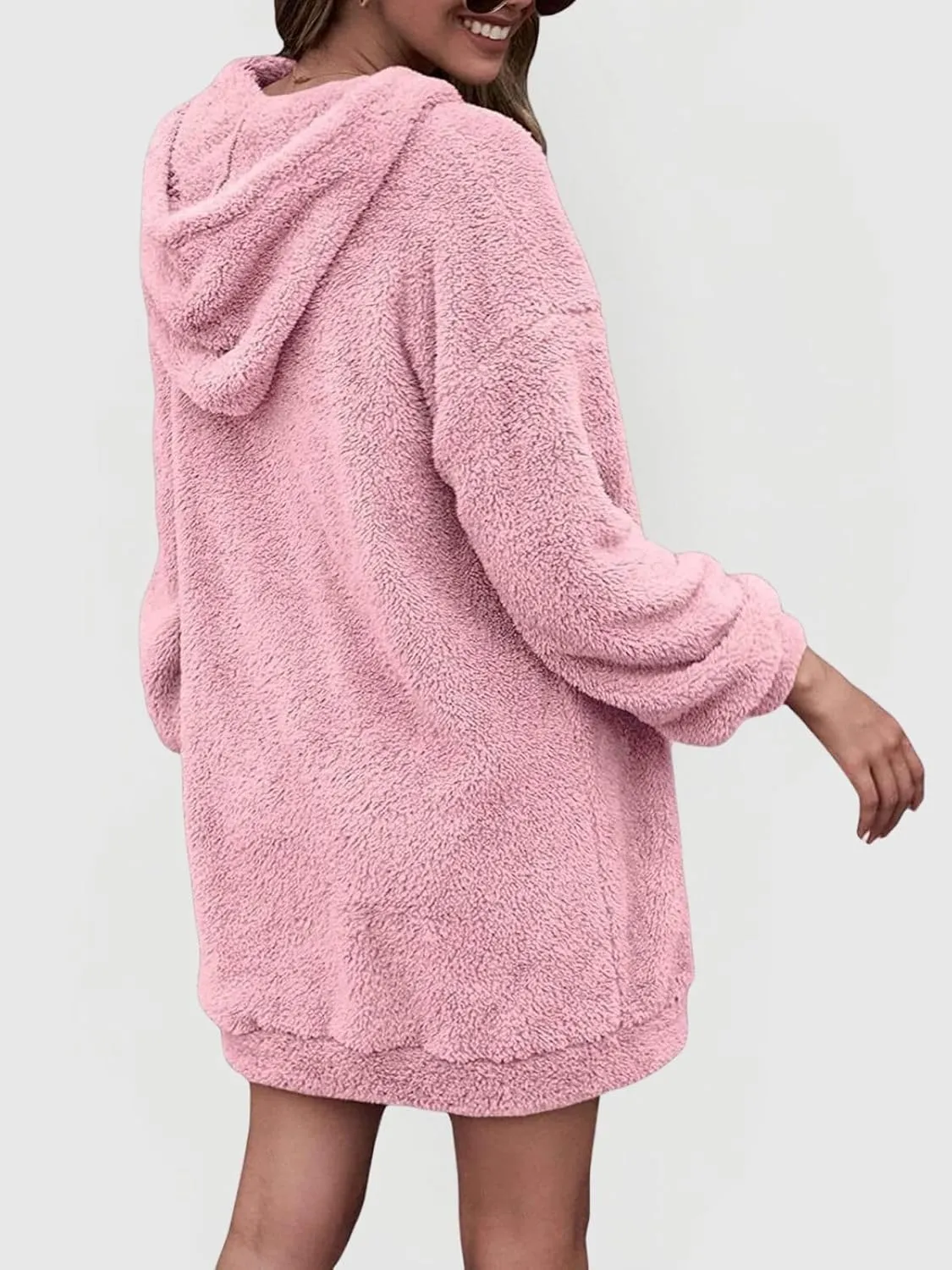 Fleece Hoodie Women Quarter Zip Pullover Hoodie Dress Soft Cozy Hooded Sweatshirt Dress Oversized Fuzzy Hoodies