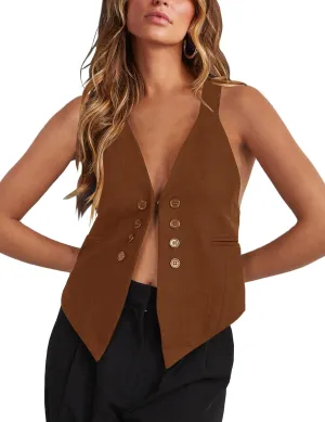 Floral Find Women's Casual Versatile Button Up Sleeveless Vest Sexy V Neck Jacket Waistcoat