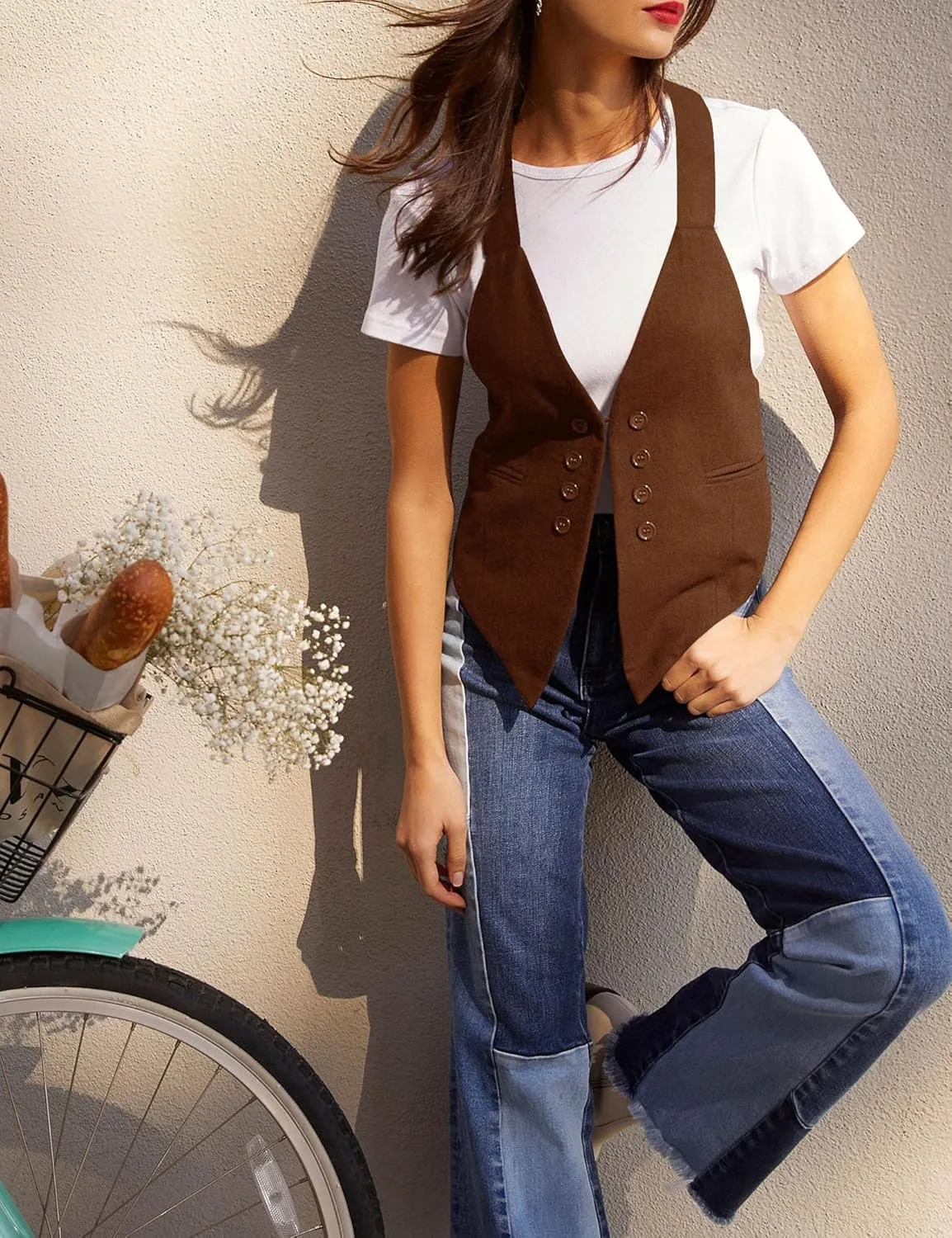 Floral Find Women's Casual Versatile Button Up Sleeveless Vest Sexy V Neck Jacket Waistcoat
