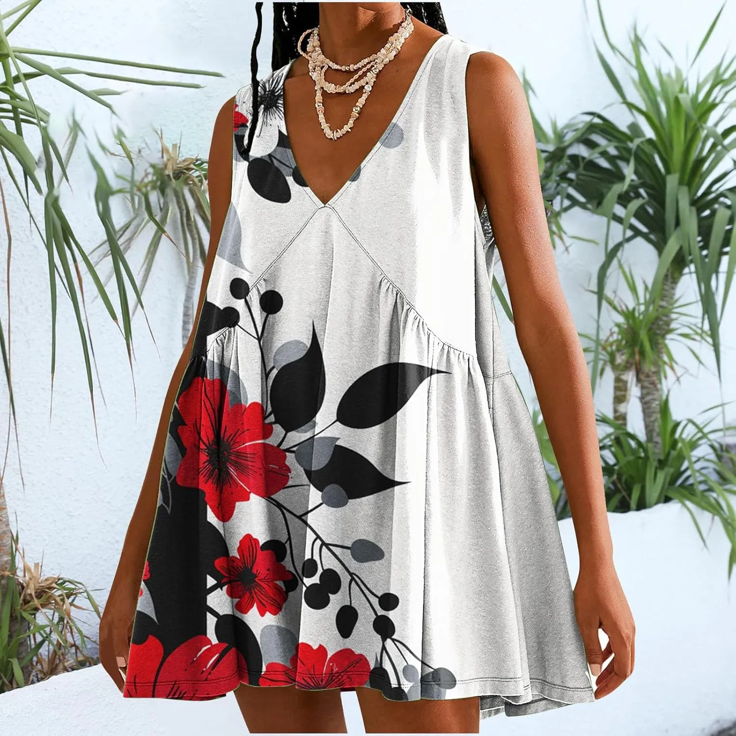 Floral V-Neck Tank Dresses for Women Loose Pleated Comfy Casual Dress Summer Elegant Trendy Short Mini Sundress