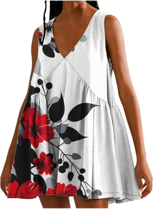 Floral V-Neck Tank Dresses for Women Loose Pleated Comfy Casual Dress Summer Elegant Trendy Short Mini Sundress