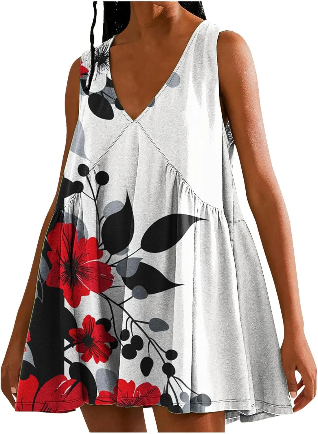 Floral V-Neck Tank Dresses for Women Loose Pleated Comfy Casual Dress Summer Elegant Trendy Short Mini Sundress